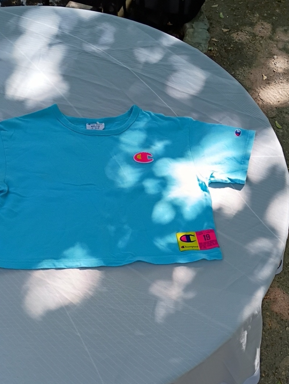 Champion Kids Short Sleeve Crop Tee - Turquoise Blue with Pink Logo